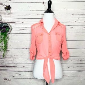 Coral Pink Button Up Front Tie Crochet Trim Crop Top Size XS